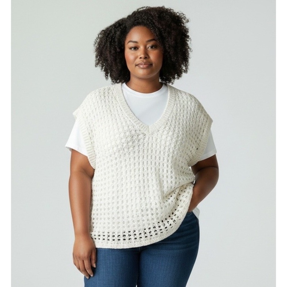 CUPSHE Women XL Ivory Crochet Open Knit V Neck Sweater NWT